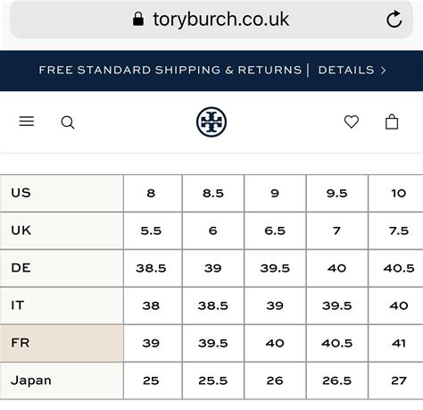 tory burch shoes size chart.